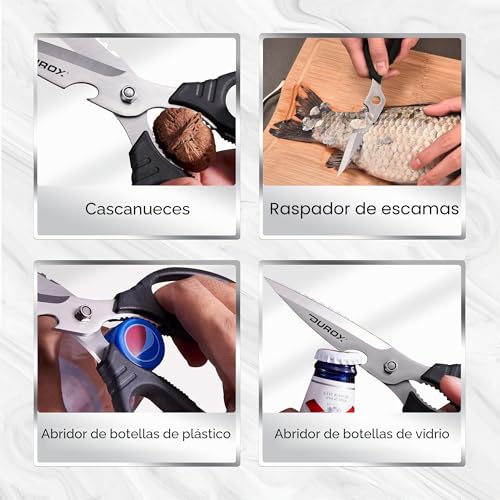 Miniatura 9 de Durox Tijeras De Cocina Profesionales - Acero Inox Con Funciones Multipropósito Y Afilador Incorporado. Tijera Para Cortar Pizza, Carne Y Marisco. Diseño Desmontable Para Una Limpieza Sencilla.