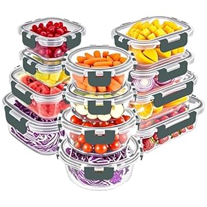 VERONES 24 pezzicontenitori per alimenti in vetro da, sigillati, con coperchi, adatti a microonde, forno, frigorifero and elavastoviglie, grigio