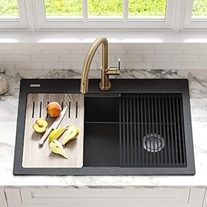 KRAUS Bellucci Workstation 33 in Drop In Single Bowl Granite Kitchen Sink in Metallic Black with Accessories KGTW2 33MBL