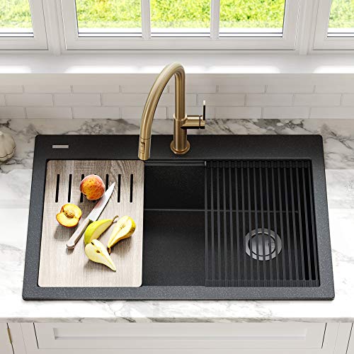 KRAUS-Bellucci-Workstation-33-in-Drop-In-Single-Bowl-Granite-Kitchen-Sink-in-Metallic-Black-with-Accessories-KGTW2-33MBL KRAUS Bellucci Workstation 33 in Drop In Single Bowl Granite Kitchen Sink in Metallic Black with Accessories KGTW2 33MBL