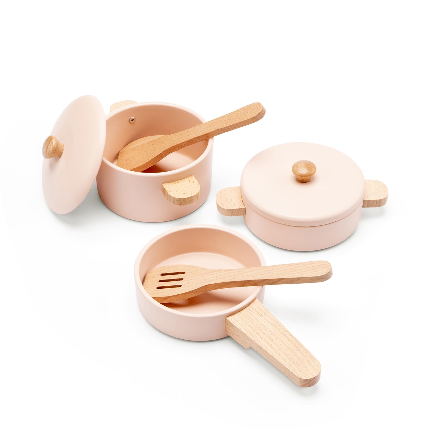 Woet® Juguete de Cocina de Madera para Niños Pequeños – Set de Ollas y Sartenes Rosa 7 Piezas – Accesorios de Cocina Infantil – A Partir de 2 Años – Regalo Infantil