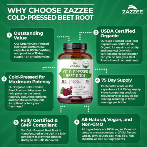 Image of Zazzee Cold-Pressed USDA Organic Beet Root, 150 Quick Release Capsules