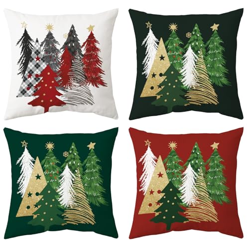 Kissenbezug Weihnachten 45x45, 4PCS Weihnachtsbaum Grün/Rot...