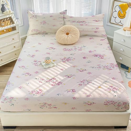 MorroMorn Queen Fitted Sheet Only, Mattress Cover Queen Size Bed Bottom Sheets with Deep Pocket - Cute Neutral Super Soft Microfiber for Girls Kids Teen, No Pillowcases 60x80x20in (Pink Flowers)