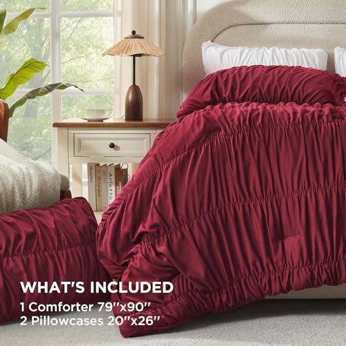 Image of Andency Ruched Burgundy Full Comforter Set, Boho Ruffle Bedding 3 Pieces