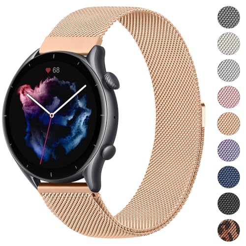 Vancle Correa 22mm Metal para Amazfit Bip 5/ GTR 4/ GTR 3/ GTR 3 Pro/ GTR2/ GTR 2e/ GTR 47mm para Mujer Hombre, Pulseras de Repuesto de Malla de Acero Inoxidable Pulsera Deportiva, Oro Rosa