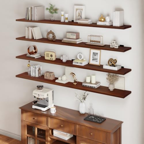 Image of 72 Inch Long Floating Shelf for Wall, 4 Tier Solid Wood Floating Book Shelf,Walnut Large Wall Shelf with Heavy Duty Brackets,Floating Bookshelf for Living Room