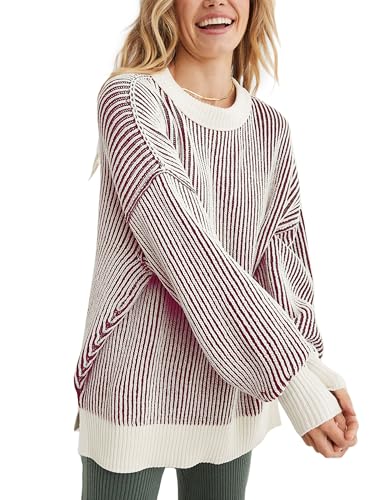 Image of Beyond Chenille Sweater for Women 2026 Winter Crew Neck Pullover Sweater Color Block Knit Tops