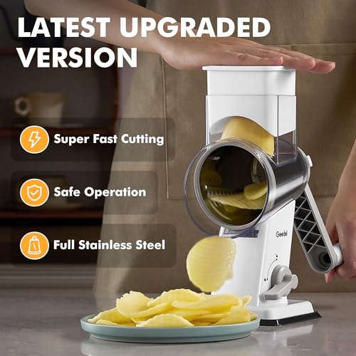 Image of Geedel Rotary Cheese Grater - Upgraded Vegetable Shredder with 4 Interchangeable Blades, Easy to Clean Cheese Shredder with Handle, Kitchen Grater Nuts Grinder for Cutting Cheese, Vegetable, Nuts