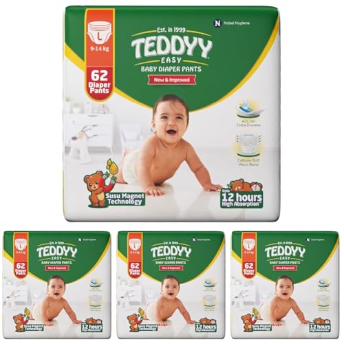 Image of TEDDYY Easy Baby L Size Diaper Pant Style | 62 Count (Large) | 9-14 kg (Pack of 4) | Long Protection Hours | Anti-Bacterial | Airy Breathable Fit | Rapid Soaker Channels & Wetness Indicator