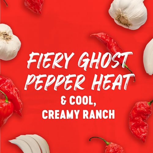 Image of Frank's RedHot Hot Sauce, Ghost Pepper Ranch, Squeeze Bottle, Hot Heat, Ghost Pepper Heat and Cool, Creamy Ranch, Squeeze On Burgers, Pizza, Salads, Sandwiches, Wraps, Dip with Veggies, Chicken Tenders, and Fries, 12 fl oz