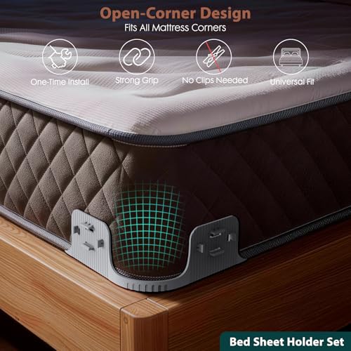Bed Sheet Holders for Corners - Snap-Lock Sheet Lock for Fitted Sheets, Sheet Holders Keep Sheets Firm & Tight - Durable ABS Mattress Sheet Holder, Easy No-Lift Install, Fits 3"+ Mattresses (Set of 4)