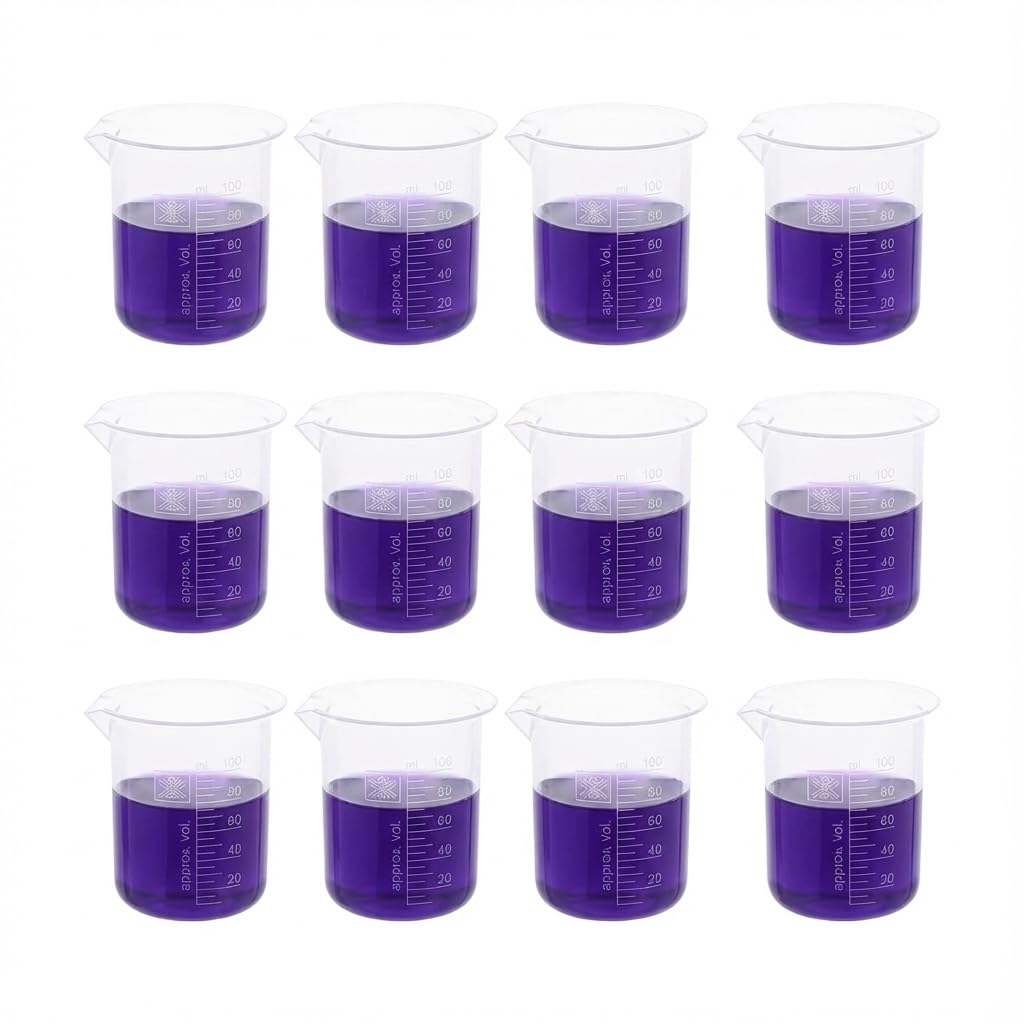 Supertek Pack of 12 |100ml Plastic Measuring Beaker for Lab | Reusable Measuring Cup for Kitchen Cooking Baking & Measuring Solid and Liquid | Transparent