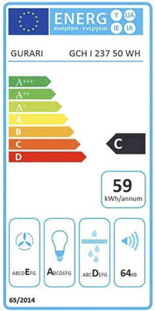 Gurari Okap wyspowy GCH I 237 50 WH, pokrywa 50 cm, 860 m³/h, biały, 3 kroki, oświetlenie LED, timer, filtr węglowy w zestawie