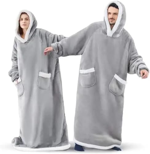 Extra Long Oversized Plush Blanket Hoodie, Grey, Unisex Wearable Blanket with Hood and Pockets