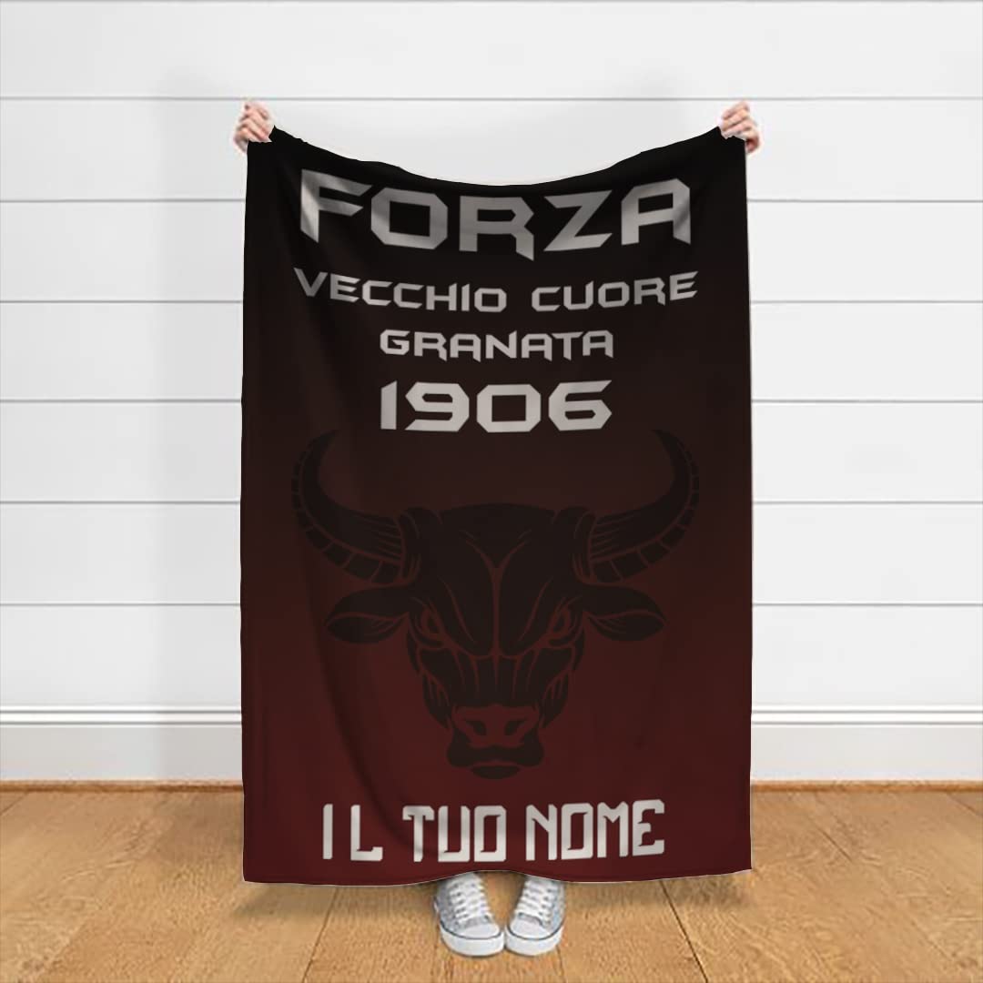 "Forza Vecchio Cuore Granata" Plaid Personalizzato con Nome in Pile Idea Regalo Compleanno Natale Letto Caldo Divano Decorazione casa Amici Papà Nonno Tifosi Torino Toro Calcio Pallone (130x180cm)