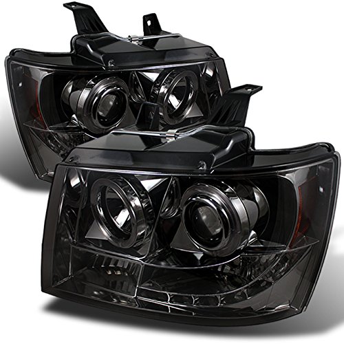 For Chevy Suburban Avalanche Tahoe Smoked Smoke Dual Halo Ring LED DRL Projector Replacement Headlights