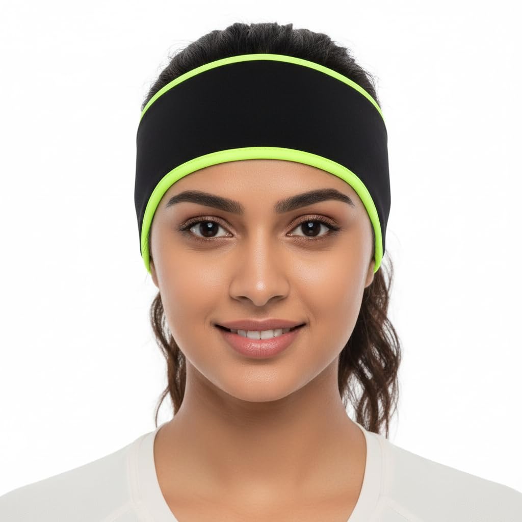 Future Tabs Sports Headband for Men & Women's Outdoor Winter Fleece Elastic Hairband for Cycling, Running, and Ear Protection Cold Weather Soft Warm Earmuffs (Color-Black & Neon)