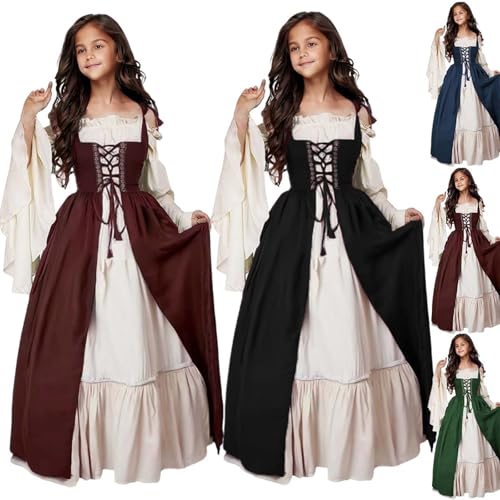 Girls Renaissance Dress Kids Medieval Princess Outfit Girls Square Collar Bundle Waist Long Sleeve Maxi Dress3