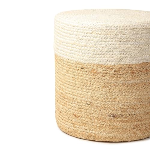 Image of Habere India-All the Cultures Fabricating India Ottomans for Living Room | pouffe Stool | Ottoman Stool | Jute pouffes for Sitting - White, Round (M: Dia40xH41 cm)