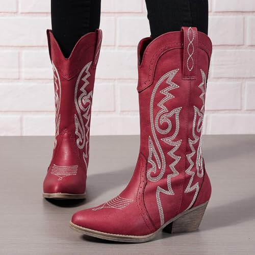 Image of SelRoys Cowboy Boots for Women Cowgirl Mid Calf Western Pointy Toe Boots Embroidered Stitched Chunky Heel Red Brown US5-11