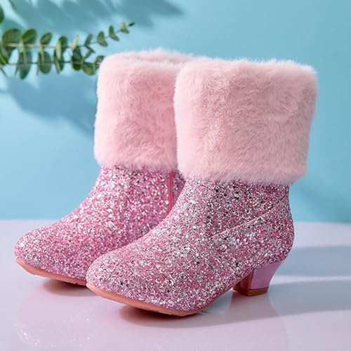 Girls Princess Boots Cute Sparkly Rhinestone Winter Fuzzy Fleece Lined Boot Side Zipper PU Leather Waterproof Snow Shoes2