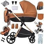 Nine point nine Kinderwagen 3 in 1, Kinderwagen Set mit Umkehrbarem Doppelschiebemodus, Kombikinderwagen 3 in 1 mit Großer Bequemer Babywanne, Kinderwagen Rahmen Aluminiumlegierung (H2 Caramel)