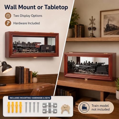 Image of Silipull O Scale Train Model Display Case Brown Pine Wood Collector Display Box Tabletop and Wall Mounted Train Shelf with Mounting Hardware Keys for Railway Model Collectors Gifts Wall Decor