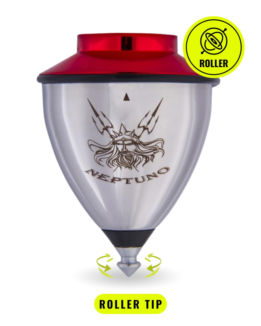 TROMPOS SPACE - Trompo Profesional Neptuno Roller de Acero Inoxidable, Peonza con Punta Roller de Doble Rodamiento, Regulador de Vibraciones, Diseño para Trucos Avanzados, Incluye Cuerda, Color Rojo