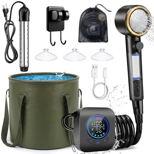 BTOG Portable Camping Shower Kit with Immersion Water Heater & Foldable Bucket, Rechargeable Outdoor Shower System for Camping/Hiking/Pet Bathing/Surfing, Rinse kit with Portable Shower Pump