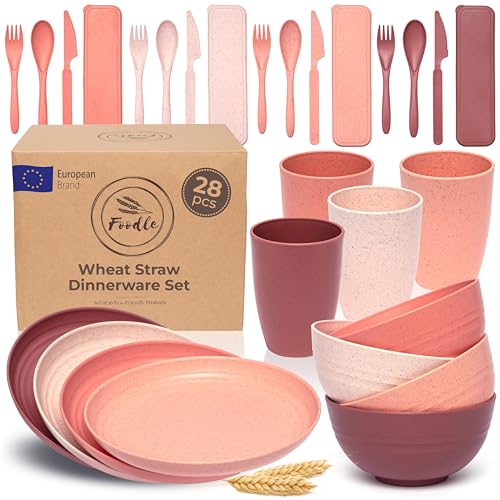 Image of FOODLE Wheat Straw Dinnerware Set - BPA Free & Safety Tested - Unbreakable, Microwave & Dishwasher Safe Dishes - Toddler & Kids Plates and Bowls Sets - College Dorm Room Essentials for Girls - For 4