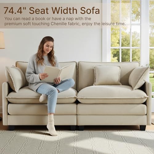 Image of KISLOT 74.4 inch Loveseat Oversized Modular Sectional Sofa with 4 Pillows, Sand | Cloud Couch, Dual Cushions, Deep Seats,Living Room