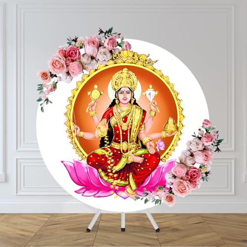 CHNYWORK 6.5x6.5ft Hindu Goddess Round Backdrop Cover Indian Lakshmi Sri Vaishnavism Shaktism Mother Goddess Hindu God Vishnu Circle Background Indian Festival Party Decor Portrait Photo Supplies Prop