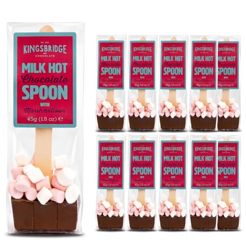 Kingsbridge Hot Chocolate Spoons - Belgian Milk Choc & Marshmallows 10 Pack | Choc Block with Wooden Stirrer & Added Sweet Treats | Gifts for Birthdays Special Occasions or Sleepovers