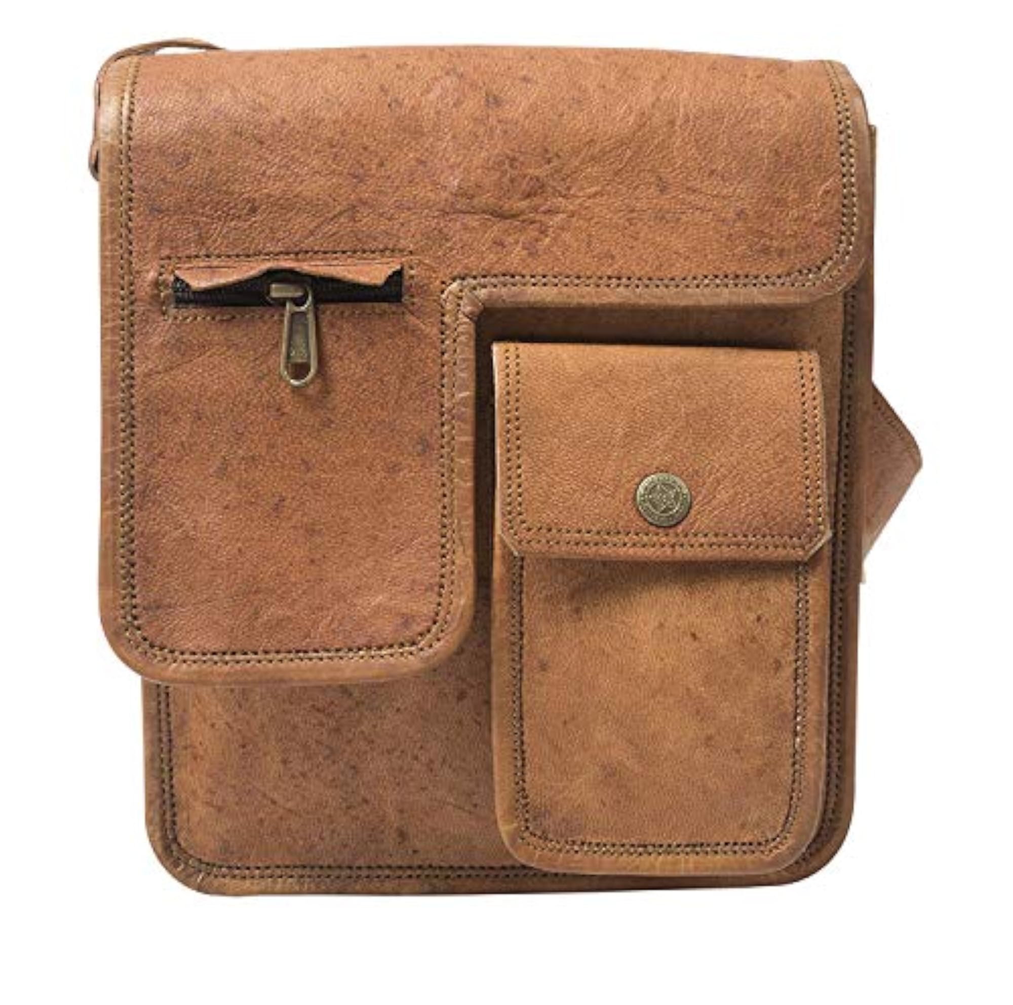 Brown Leather Vertical Sling Bag With Front Pocket