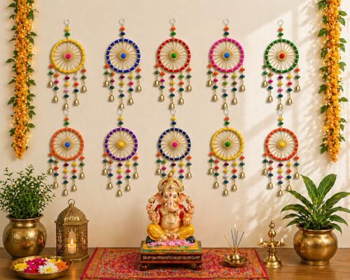 Image of Bindian Pom Pom Ring Bell Chakri Wall Hanging for Home Decor, Pack of 10 Door Hanging Decorative Items, Living Room Accent, Pooja Room Decoration Items, Ganpati, Navratri & Diwali Decor