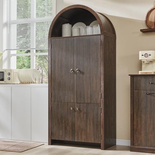 Image of IFGET 71 inch Tall Arched Kitchen Pantry, Modern Fluted Wood Storage Cabinet with Doors, 3 Adjustable Shelves, 6 Door Shelves, Organizer, Versatile Cupboard for Kitchen, Bathroom, Brown