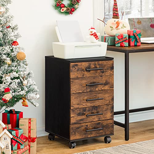 HOOBRO Aktenschrank, Rollcontainer mit 5 Schubladen, Holz Büroschrank, Kommode Aufbewahrungsschrank, Industrie Stil Einfache Montage Rustikal, Dunkelbraun und Schwarz EBF05WJ01G1