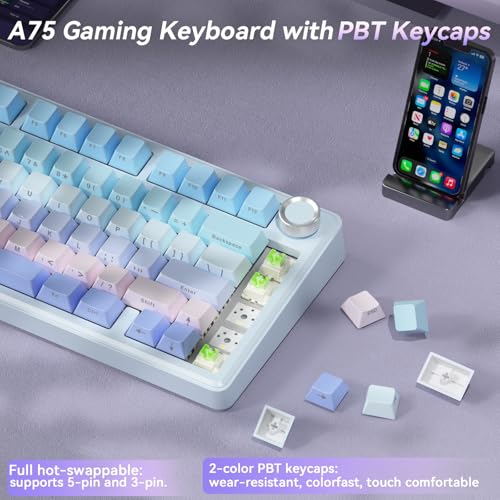 Image of SOLAKAKA A75 Wireless Mechanical Keyboard, Hot Swappable Gaming Keyboard with RGB Backlit, Multifunction Knob, Gasket Mounted Creamy Keyboard, BT5.0 /2.4GHz /USB-C, 75% Compact Layout for Win /Mac /PC