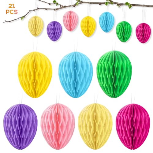 Ostereier aus Seidenpapier, 21 Stück Ostereier Hängende Ornamente Waben Ostereier zum Aufhängen und Dekorieren, Für Draußen Osterdekoration Party Dekoration Ostern