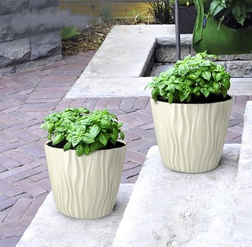 Image of StyleX Store Plastic Round Flower Pots with Drainage Hole Saucers | Durable Outdoor Indoor Wave Pattern Planters with Tray | Plant Containers for Balcony, Garden, Office, and Home (Set of 5, Ivary)