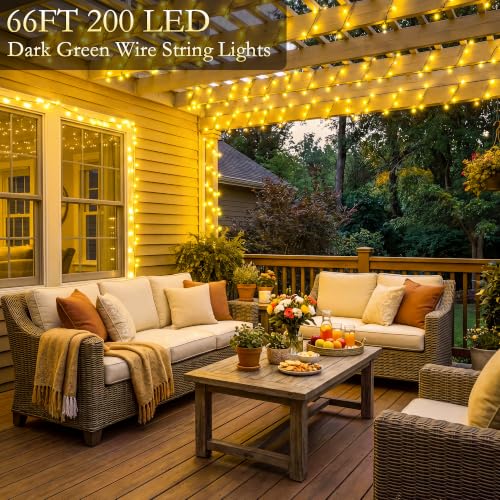 Image of 66FT 200 LED Warm White Fairy Lights, Dark Green Wire 8 Modes Timer, IP44 Waterproof Outdoor Indoor String Lights for Patio Garden Backyard Bedroom Classroom Weeding Christmas Decor