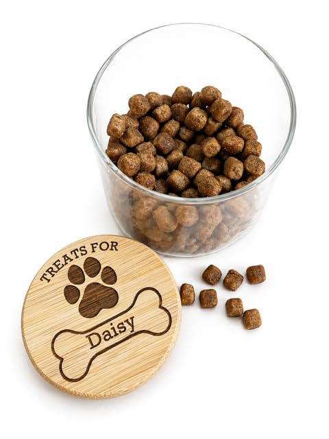 Dog treats jar personalised with name. Engraved Bamboo Lid. Pet treats storage jar, can be custom made.