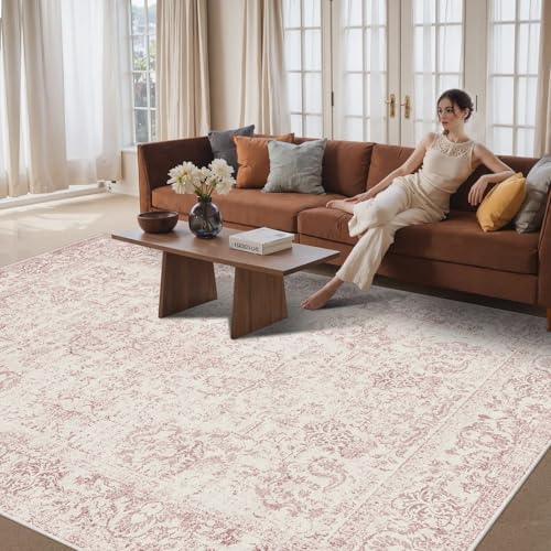 Image of Rugxara 8x10 Pink Area Rug for Living Room & Bedroom, Large Washable Rugs for Nursery,Girls Room,Non Slip, Durable Low Pile Carpet, Vintage Carpets for Office, Dining Room, Kids Room and Farmhouse