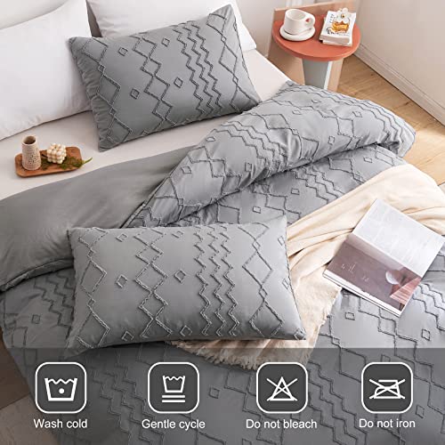 Image of WARMDERN Boho Duvet Cover Set 3 Piece Grey Full Duvet Cover Set Washed Microfiber Tufted Bedding Set with Zipper Closure Stripes Duvet Cover and 2 Pillowcases(Full,Grey)