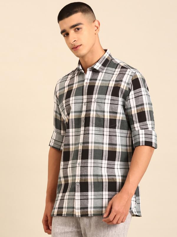 Image of Cavallo by Linen Club Men's Blended Linen Blue Solid Contemporary Fit Full Sleeve Casual Shirt