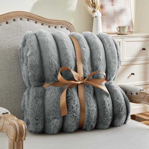 Image of BEDELITE Faux Fur Throw Blanket for Couch, 770GSM, 60 inch x 80 inch, Light Grey