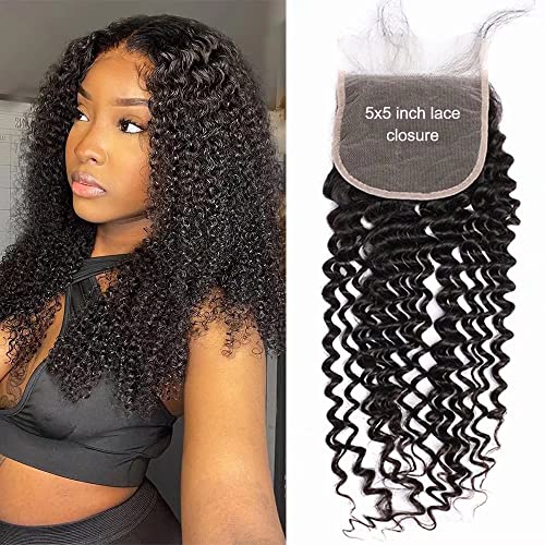 Brazilian Virgin Curly Lace Cosure 100% Unprocessed Human Hair Lace Closure 5x5 Free Part Lace Closure Kinky Culry Lace Closure With Natural Hairline Natural Black (14inch, curly 5x5 closure)