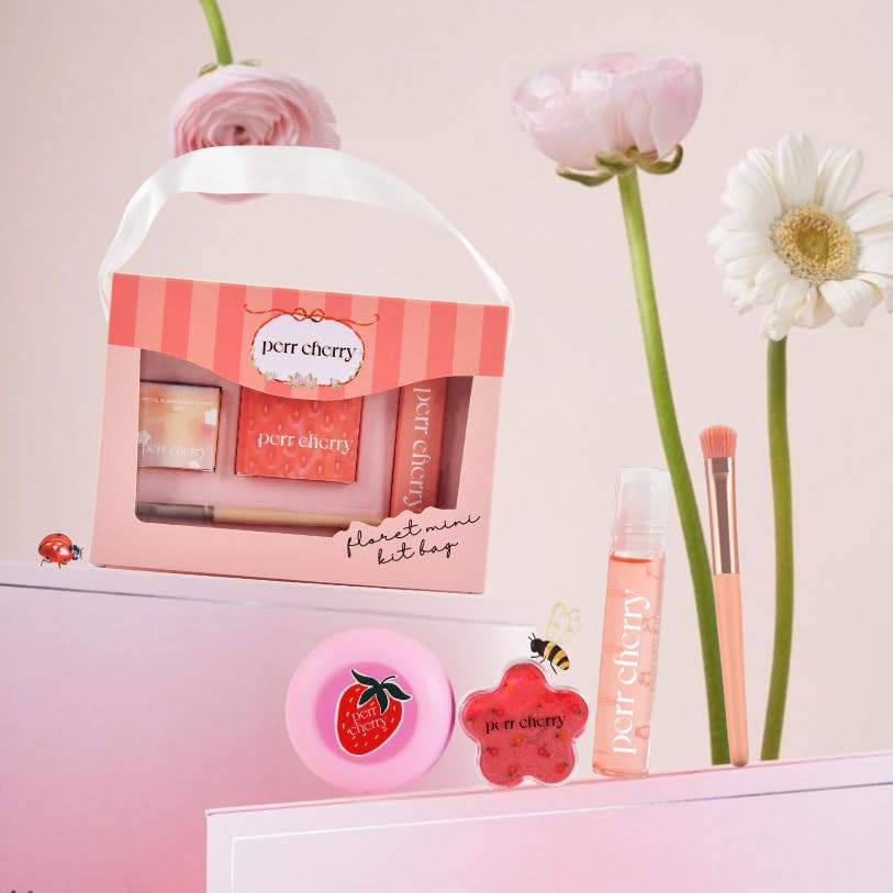 Perr Cherry 4 PCS Organic Makeup Kit for Kids, Preteens & Teen Girls | 100% Natural & Skin Friendly | Includes Eye & Cheek Highlighter, Lip & Cheek Tint, Lip Oil, Brush (Floret Kit, Assorted Colour) 1
