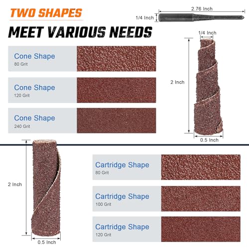 Nuodunco ND0000406SRP2 50Pcs 2 Inch Sand Paper Abrasive Cartridge Rolls Cone Cylinder Rotary Flap Disc 1/4 Inch Die Grinder Sanding Disc Grinding Bits Drum Sanders thumb #4